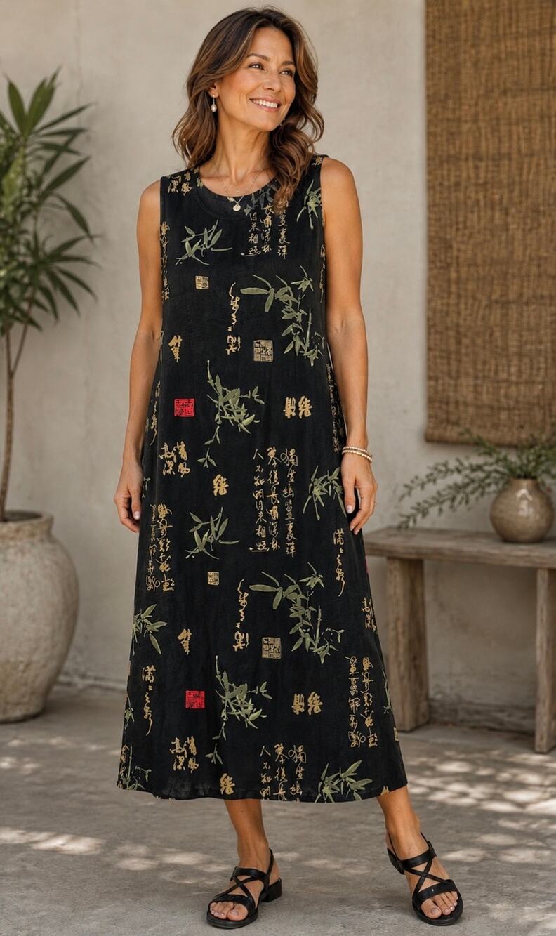 VTG NORM THOMPSON Linen Maxi Shift Dress Women's Size L Black Asian Botanical